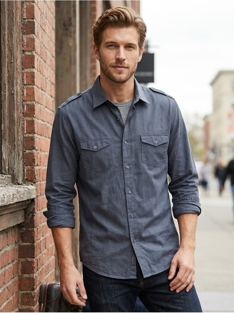 Banana Republic Men's Slate Blue Military Utility Button-Up Shirt